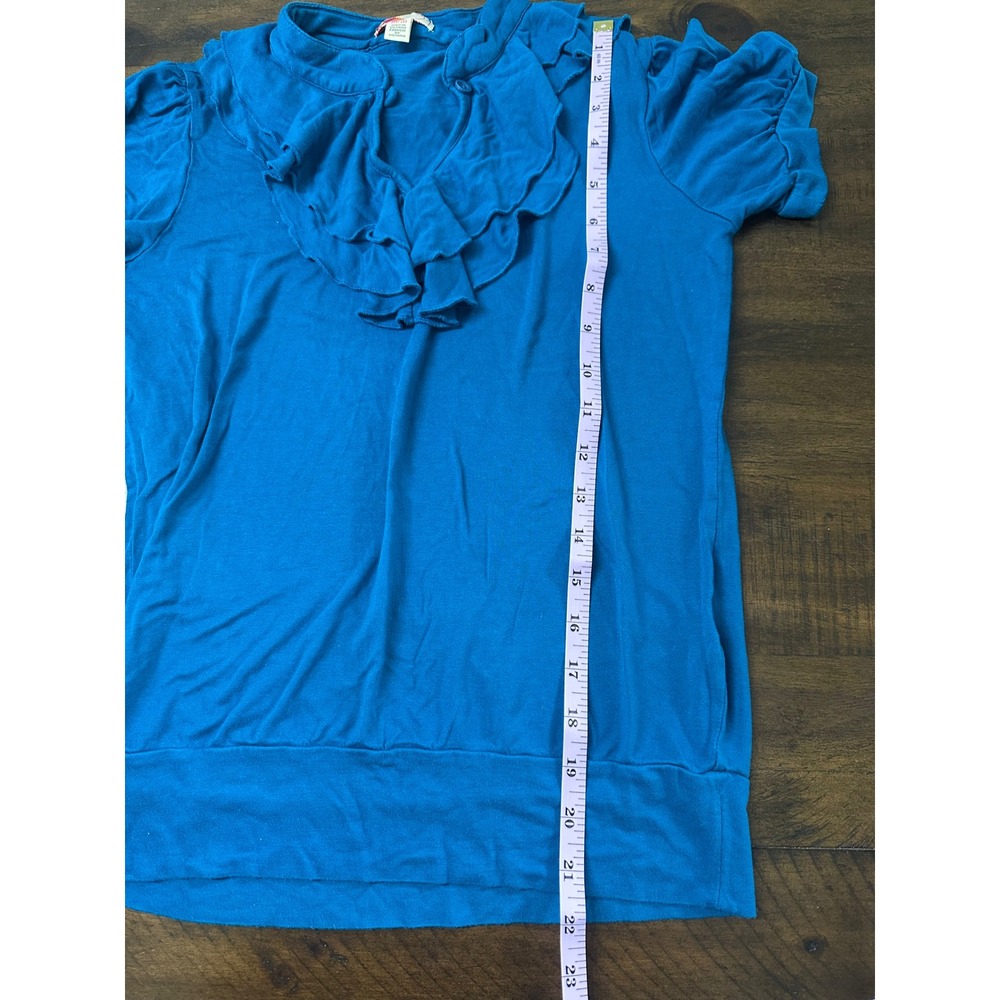 Vintage Forever 21 Teal Blue Ruffle Neck Blouse Short Sleeve Knit Top Medium Y2K - Picture 7 of 7